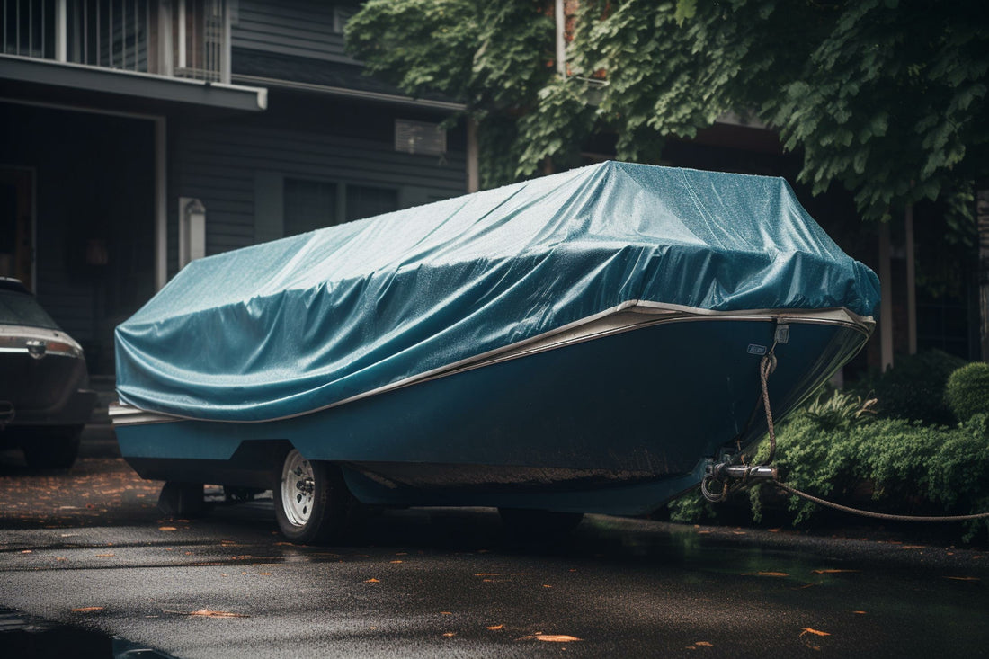 Blue Tarp covered boat parked in front of the house-Supreme Tarps